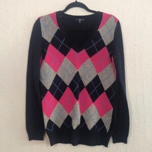 GAP Y2K Argyle Navy Blue & Fuchsia V-Neck Lamb’s Wool Blend Sweater size M